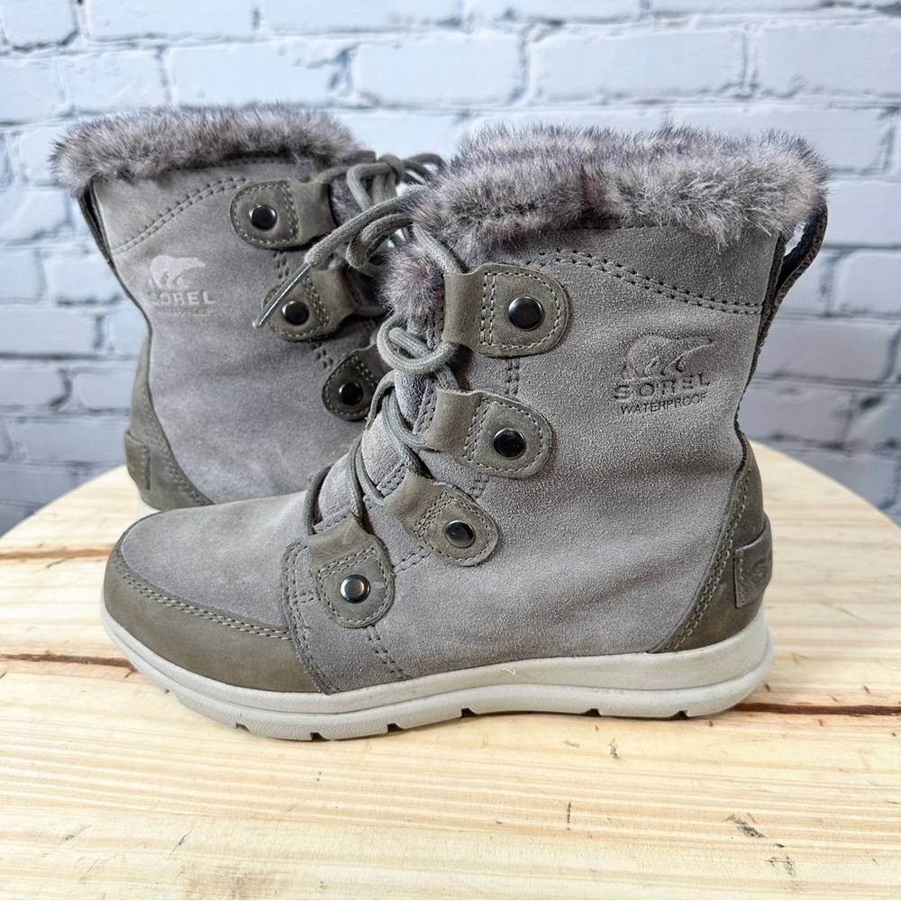 Sorel Explorer Waterproof Winter Snow Boots Sz 6 Gray Leather Suede Faux Fur